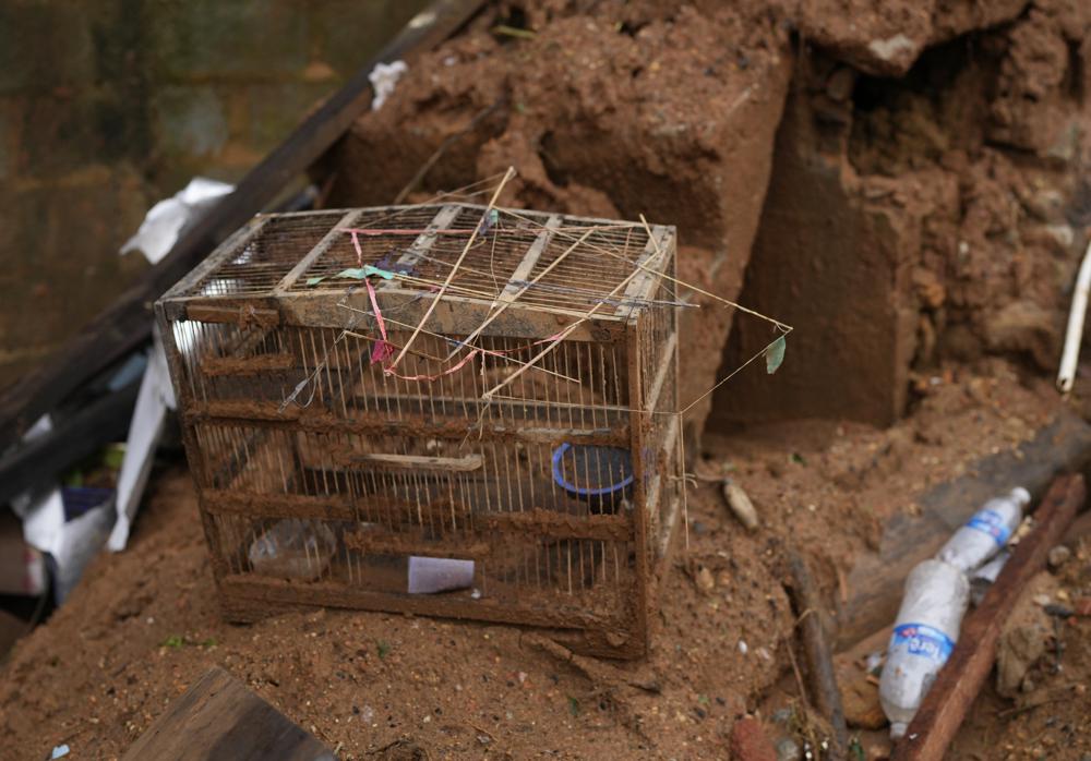 An empty bird cage sits amid a homes' destruction on the third day of rescue efforts after deadly mudslides in Petropolis, Brazil, Friday, Feb. 18, 2022. (AP Photo/Silvia Izquierdo)